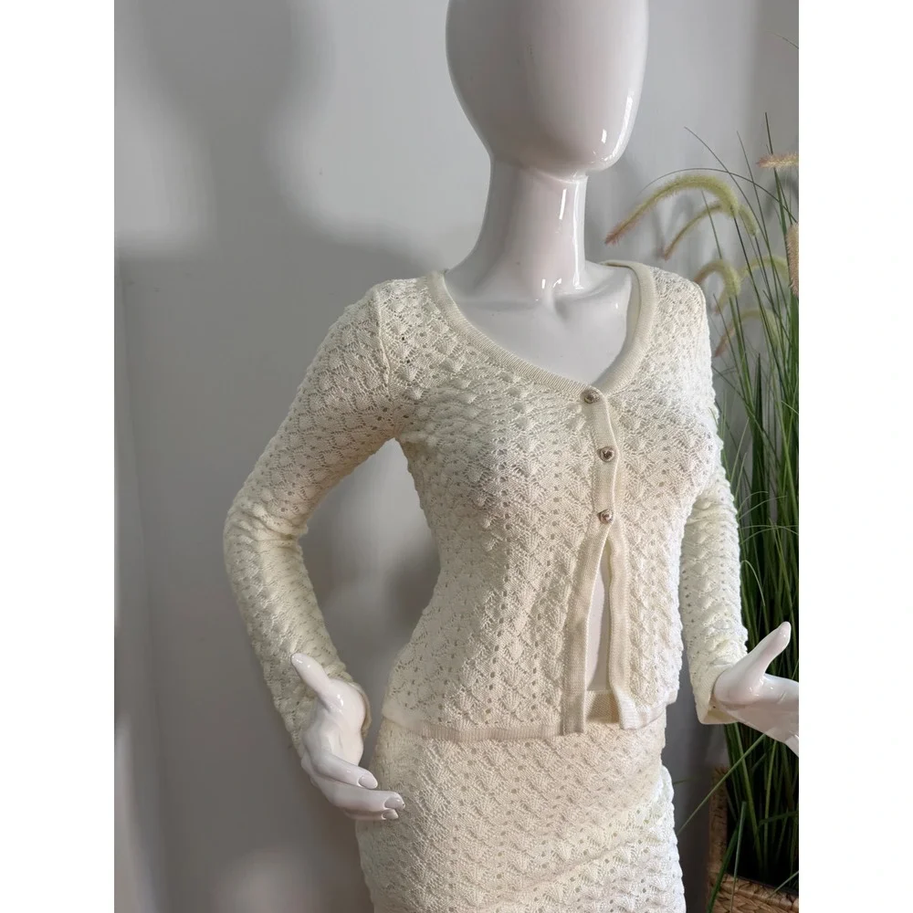 Commense Cotton Blends Hollow Skirt Set Womens Bohemian Outfit Off-White‎  XS